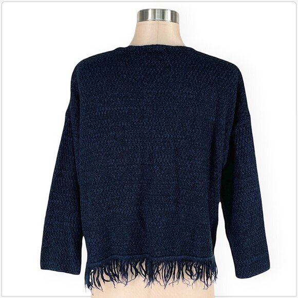 Weill Paris Cardigan Sweater Fringe Hem Mottled Navy Blue Black Knit Size T2 - Picture 2 of 3